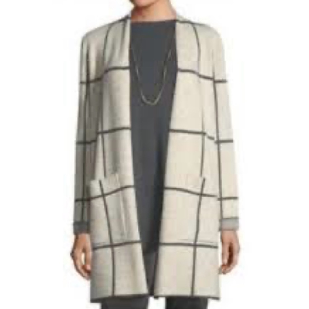 Rain & Rose Nordstrom Women's Cream Plaid Open-Front Long Sweater Size Large